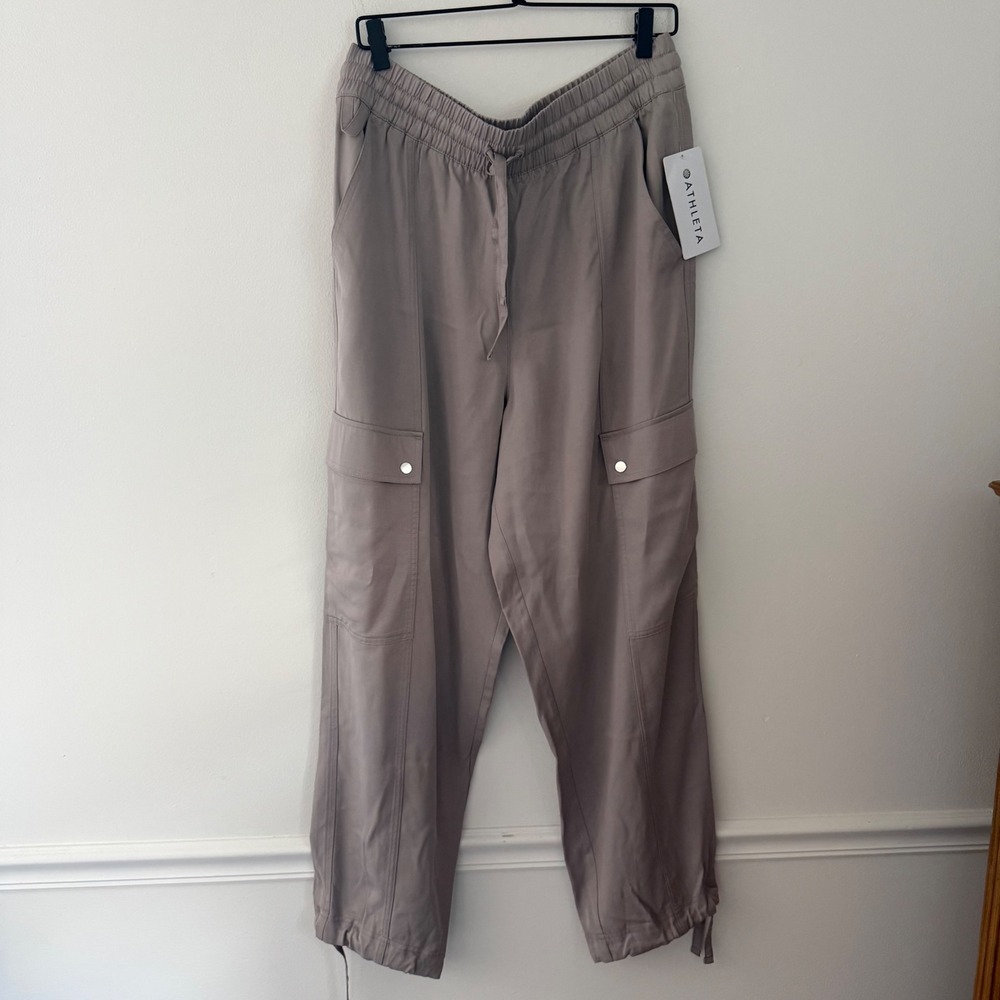 Athleta Celestial Utility Pant Taupe Mauve Cargo Smocked Waist Large NEW